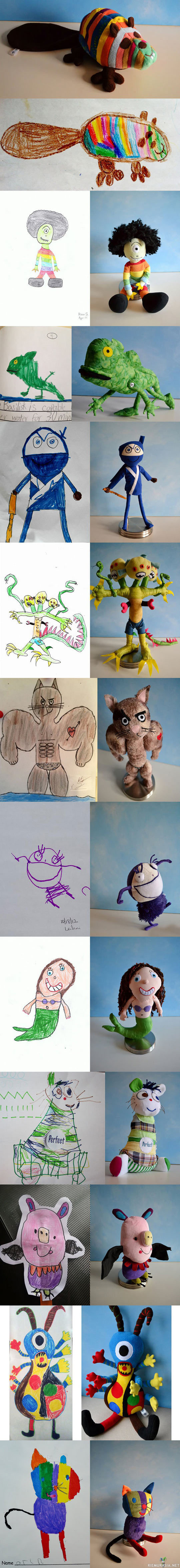 Taas kerran lasten piirustuksista tehtiin kasa pehmoleluja - Taiteilija käytti inspiraationaan lasten piirustuksia ja valmisti niiden perusteella todella näyttäviä pehmoleluja!
