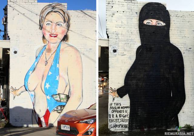 Graffiti Hillarystä - Vasemmalla oleva graffiti piti peittää koska kaupunkia ahdisti. Ei suinkaan se että julkiseinässä oli iso spraymaalimaalaus, vaan koska kuvassa oli liikaa alastomuutta. Alkuperäinen taiteilija maalasi päälle sitten hunnun.