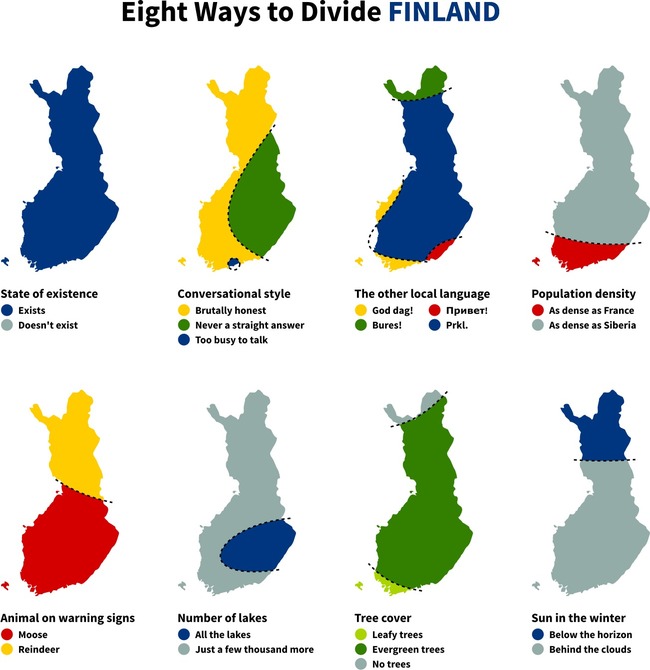 Suomi jaettu &#039;tieteellisesti&#039; geograaffisiin alueisiin - Suomi jaettu eri osa-aluesiin aihepiirrettäin.