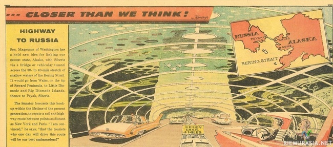 Tulevaisuuden moottoritie merenpohjassa - Futuristi Arthur Radebaughin näkemys vuodelta 1962, miltä moottoritiet voivat näyttää tulevaisuudessa.