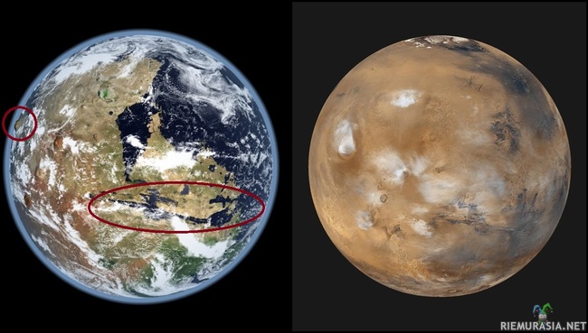 Mars-planeetta - Luotaimen ottama kuva Mars-planeetasta ja sen kuvan perusteella tehty kuva Miltä se näyttäisi jos siellä olisi saman verran vettä kuin Maassa Mars-planeetan pinta-ala huomioon ottaen.

Aurinkokunnan suurin tunnettu kanjoni Valles Marineris:https://www.riemurasia.net/kuva/Valles-Marineris/182645 ja 
Aurinkokunnan suurin tulivuori Olympus Mons:https://www.riemurasia.net/kuva/Olympus-Mons/182564 näiden sijainnit on merkitty karttaan punaisella rajauksella.

Onko Mars-planeetalla ollut joskus meriä ja onko se näyttänyt edes vähän vasemman puoleiselle kuvalle joskus? Oletetaan, että muinoin Marsin pohjoisosia on peittänyt paikoitellen jopa kilometrin syvyinen valtameri. Marsissa on mahdollisesti ollut tiheä kaasukehä noin 4 miljardia vuotta sitten 500 miljoonan vuoden ajan. Nykyisin Mars on kuitenkin tuntemallemme elämälle keskimäärin liian kylmä ja Marsin kaasukehä on liian ohut. Planeetan menneisyydessä on tosin ollut jaksoja, jolloin tulivuoret ovat purkaneet kaasukehään kaasuja ja se on ollut paksumpi. Ei kuitenkaan osata sanoa, kuinka pitkiä nämä ajanjaksot ovat olleet, ja elämän kehitys puolestaan vie pitkän aikaa. 