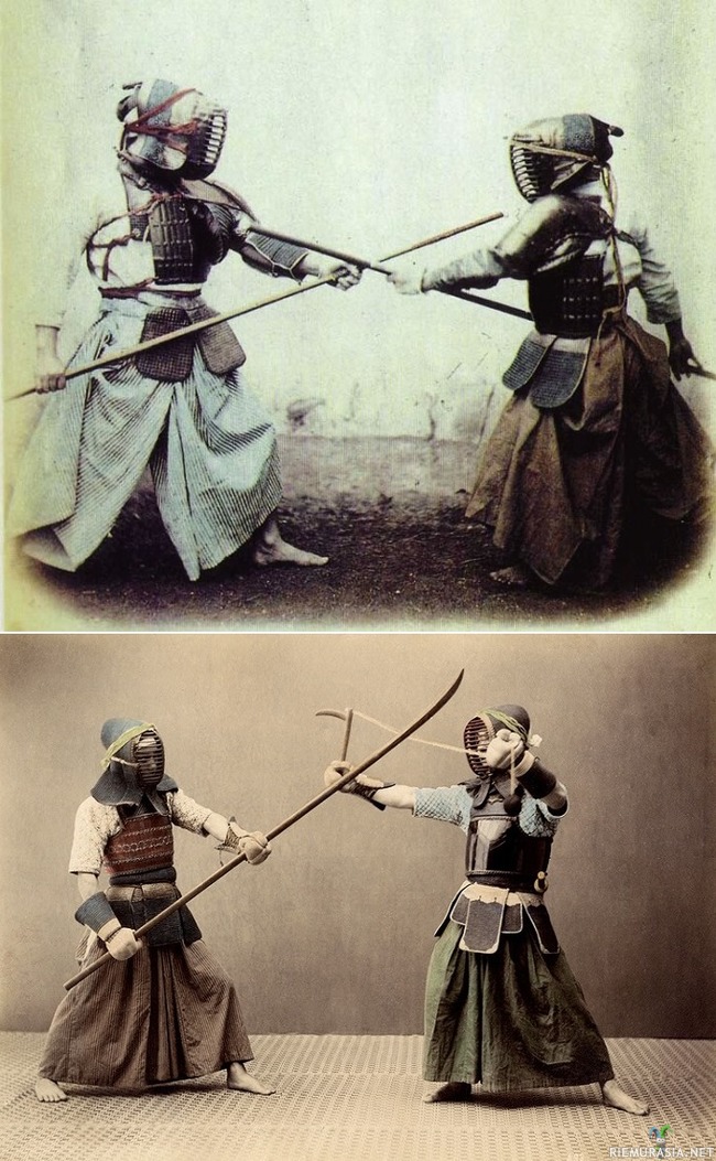 剣道 Kendō  - Väritettyjä valokuvia, 1800-luvulta Japanista. Taistelu harjoittelua. 

Rauhan tultua taistelutaitoa oli pidettävä yllä, joten kehitettiin miekkailuharjoittelua. Harjoittelu metallisella katana-miekalla oli vaarallista, joten harjoittelussa siirryttiin käyttämään ensin teroittamatonta katanaa ja sitten puista harjoittelumiekkaa eli bokkenia. Puumiekalla ei voitu kuitenkaan harjoitella tekniikoita loppuun asti. 

