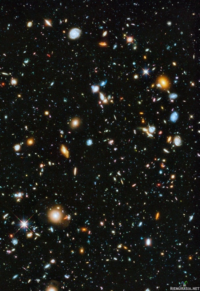 Ultrasyvä kuva - Näkymä 13 miljardin valovuoden pituista käytävää pitkin.

Kuinka vanhoja ovat Maailmankaikkeuden galaksit? Mitä kauemmaksi katsot, sitä kauemmas historiaan siirryt. Tähtitieteilijät käyttivät Hubble-avaruus -kaukoputkea tunkeutuakseen syvälle avaruuteen, jäljittäen valoa Universumin alkuun asti, aikaan jolloin galaksit olivat vasta muodostumassa. Tälläinen kuva on kuin postissa pitkään viipynyt kortti, jossa näkyvät galaksit sellaisina kun ne olivat noin 400-800 miljoonaa vuotta alkuräjähdyksen jälkeen. 

Hubblen ultrasyvä kuva luotaa avaruutta syvempää kuin mikään muu näkyvän valon kuva. Se on kuin käytävä jota pitkin pääsee ajassa taaksepäin. Tämä ainutlaatuinen kuva eroaa maanpäällisten kaukoputkien kuvista, joissa etäiset galaksit eivät näy. Ultrasyvässä kuvassa on tuhansia eri kokoisia galakseja - siitä löytyy lähes kaikenmallisia ja kokoisia galakseja. Kuvan tekeminen vaati toistuvia valoituksia samasta paikasta peräti 4 kuukauden ajan. Valoitusaikaa kertyi yhteensä 16 päivää.

kuvassa näkyy monenlaisia ja kokoisia galakseja joista osa on vuorovaikutuksessa keskenään. Muotojen ero edustaa aikaa: varhaisimmat galaksit heijastavat nuoren universumin kaaosta, jossa ne syntyivät.
 