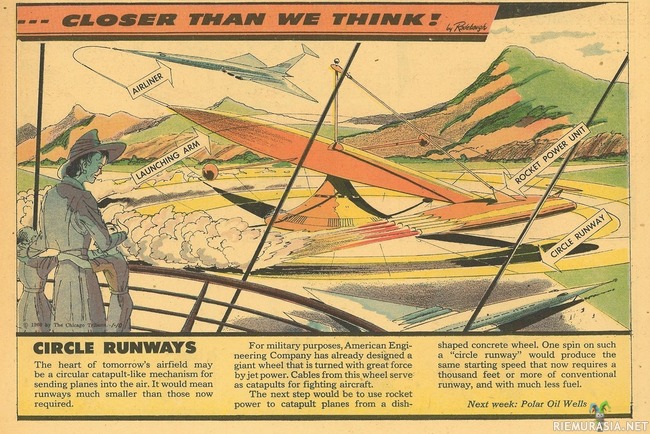 Circle runways - Tulevaisuuden lentokenttä: Futuristi Arthur Radebaughin näkemys vuodelta 1960, miltä tulevaisuudessa kiitoradat josta lentkoneet nousevat ilmaan voivat näyttää.