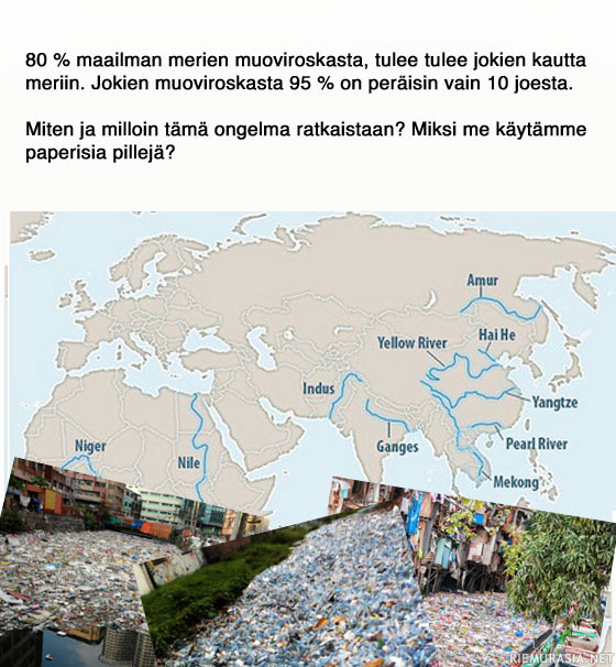 Muoviroskat jokien kautta meriin (korjattu) - Tässä korjattu versio muoviroiskan määrästä.