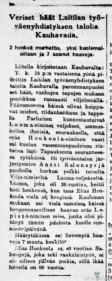 Häät Kauhavalla - Hääjuhla päättyi ikävästi. Karjala-lehden uutinen 20.2.1920.