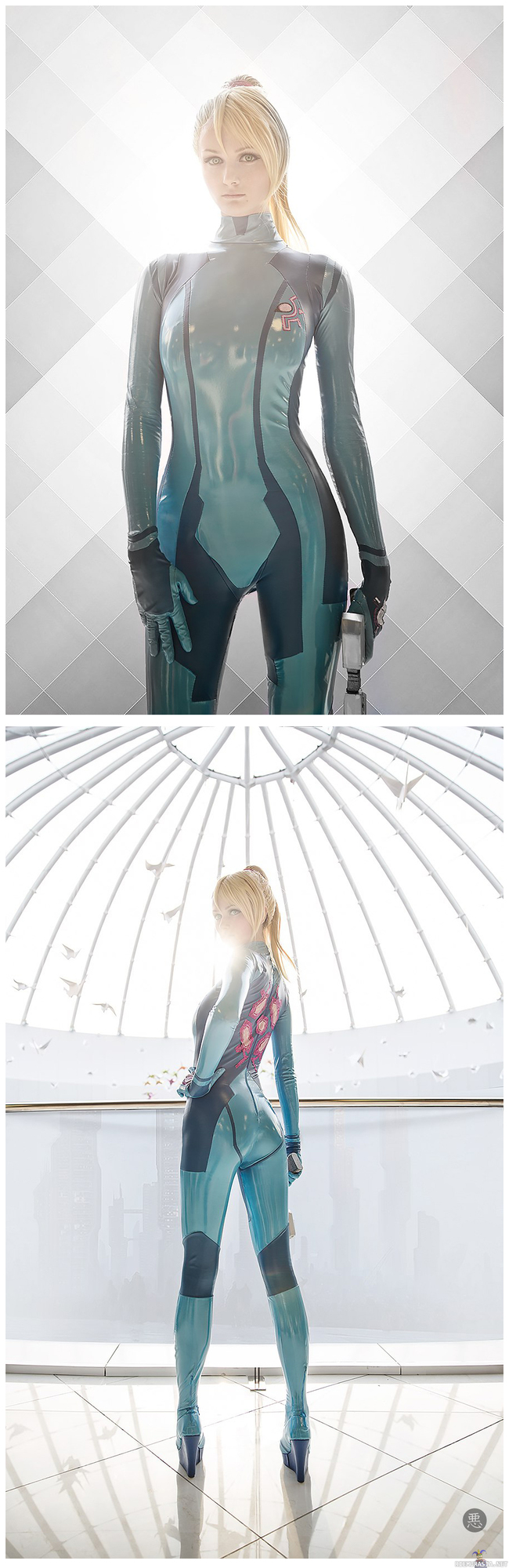 Zero suit Samus cosplay - Vlada Lutsak pukeutuneena Metroid pelisarjan sankarittaren Zero suit -asuun