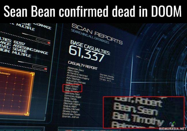 Doomin kuolonuhrit - Myös Sean Bean on kaatunut taistelussa pahuuden joukkoja vastaan