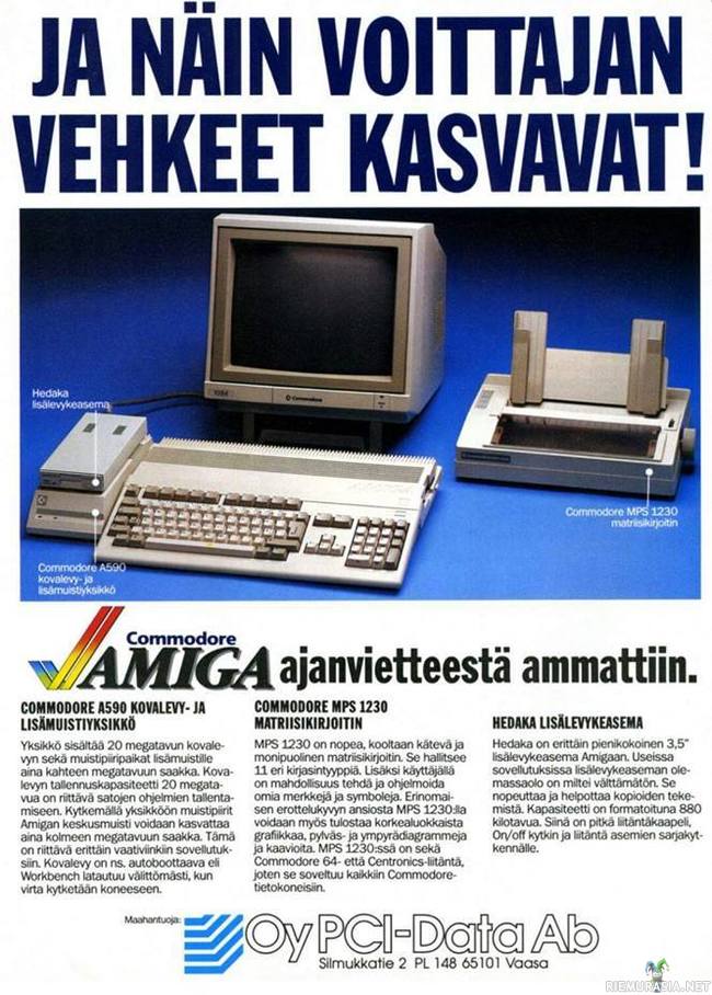 Voittajan vehkeet kasvavat - Vanhassa Amigan mainoksessa on otsikointi kohdallaan
