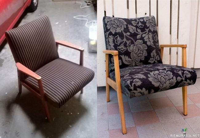 Omakehu viikko - 60-70 luvulta peräisin oleva tuoli sai uuden päällisen. Vanhan kankaan revin kokonaan pois. Käsinojan/jalkojen maalin hiominen oli yhtä tuskaa, mutta sieltähän paljastui kaunis puupinta, jonka sitten lakkasin.