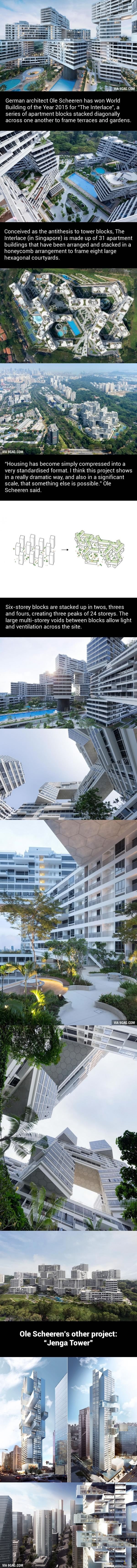 Erikoista arkkitehtuuria - Saksalainen arkkitehti Ole Scheeren on suunnitellut erikoisia kerrostaloja, kuten Singaporessa sijaitsevan lomittain toistensa päälle sijoitettujen kerrostalojen alueen sekä &quot;Jenga tower&quot; pilvenpiirtäjän