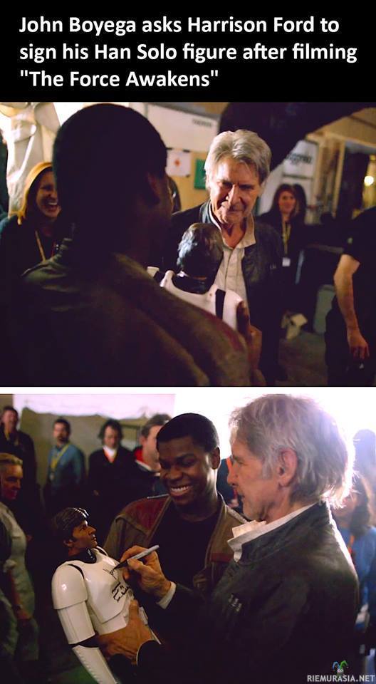 John Boyega pyytää Harrison Fordilta nimikirjoituksen Star wars leluunsa - Kerran fanipoika niin aina fanipoika :)