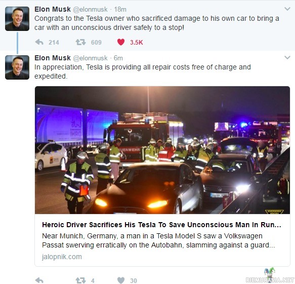 Teslakuski pysäytti auton missä oli tajuton kuljettaja - Tesla kolaroitui tapahtuneen johdosta mutta Elon Musk lupasi että Tesla maksaa auton korjauksen. Lähde: http://jalopnik.com/heroic-driver-sacrifices-his-tesla-to-save-unconscious-1792349590