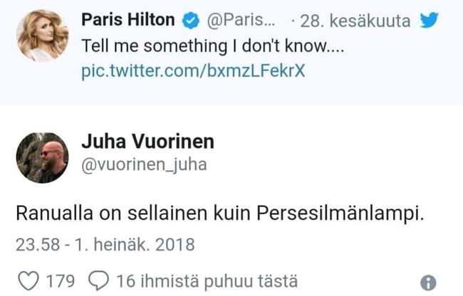 Suomikuvaa maailmalle - Juoppohullun päiväkirjat rustannut Juha Vuorinen kertoo Paris Hiltonille jotain mitä se ei taatusti tiedä Twitterissä