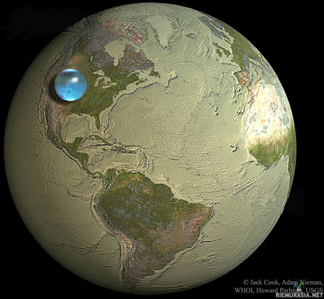 Jos maapallon kaikki vesi kasattaisi yhdeksi palloksi - https://apod.nasa.gov/apod/ap160911.html

How much of planet Earth is made of water? Very little, actually. Although oceans of water cover about 70 percent of Earth&#039;s surface, these oceans are shallow compared to the Earth&#039;s radius. The featured illustration shows what would happen if all of the water on or near the surface of the Earth were bunched up into a ball. The radius of this ball would be only about 700 kilometers, less than half the radius of the Earth&#039;s Moon, but slightly larger than Saturn&#039;s moon Rhea which, like many moons in our outer Solar System, is mostly water ice. How even this much water came to be on the Earth and whether any significant amount is trapped far beneath Earth&#039;s surface remain topics of research.