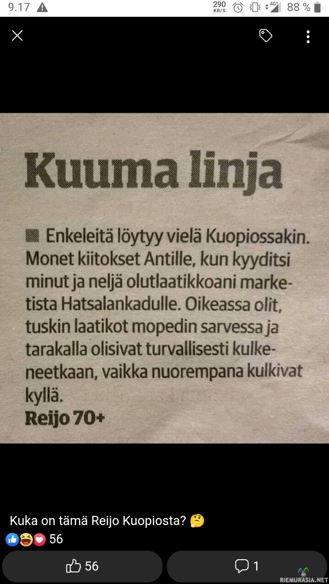 Kuuma linja ja Kuopion Enkeli - Onneksi löytyy vielä ihmisiä jotka välittävät toisista tuntemattomista. Kaikki sankarit eivät pidä viittaa.