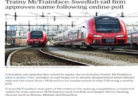 Tukholman ja Göteborgin väliä kulkeva juna nimettiin Trainy McTrainfaceksi