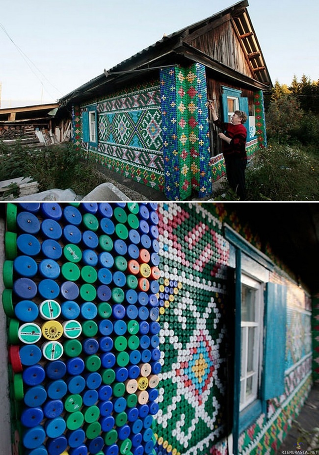 Pullonkorkit seinässä - Venäläinen nainen naulaa pullonkorkkeja taloonsa. Yli 30 000 korkkia tähän mennessä.