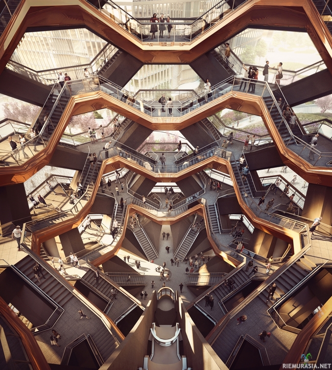 Tuleva näköalarakennus New Yorkissa - Thomas Heatherwickin suunnittelema rappuhässäkkä. 2500 porrasta. Hudson Park & Boulevard. Nimi &quot;Vessel&quot;