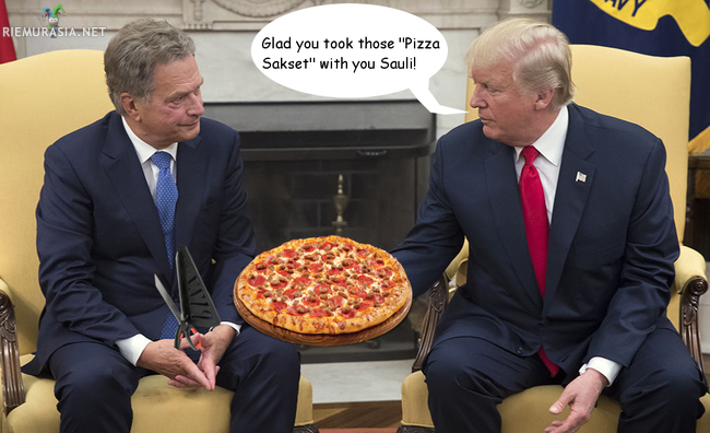 Pizzasakset auttoivat Salen ja Donaldin pääsemään sopuun - Osallistuu meemikisaan: https://www.riemurasia.net/kuva/Sauli-Niinisto-ja-Donald-Trump-meemikisa/208010