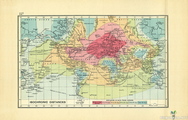 Matkustus - Kartta joka näyttää kuinka kauan matka lontoosta muualle maailmaa kesti vuonna 1914.

Lähde: http://humanprogress.org/blog/the-best-map-you-will-see-today