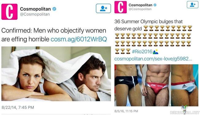 Kaksoisstandardit - &quot;Iha hirveää naisten esineellistämistä! Ainiin ja katsokaa nämä herkulliset 36 pullottavaa mulkkua olympiakisoista siinä samalla.&quot;