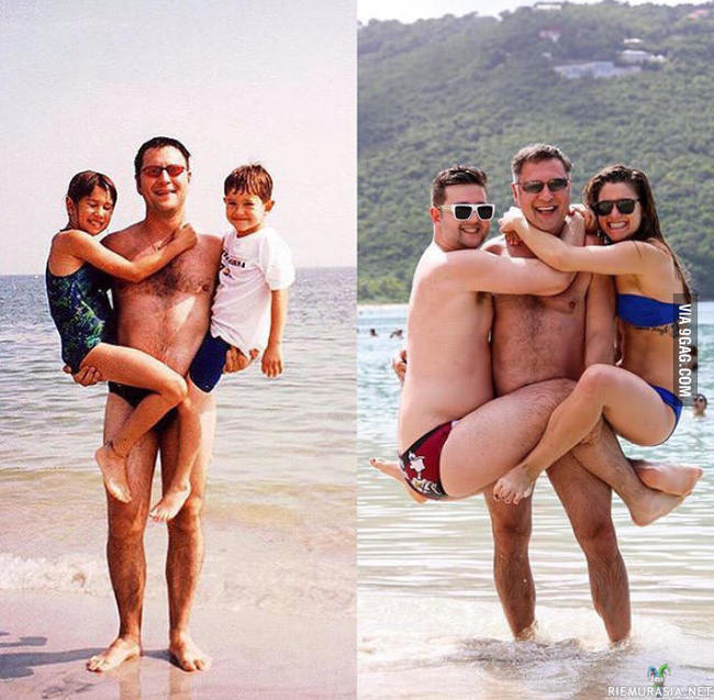 Uudelleenkuvattu - Iskä ja lapset rannalla ennen ja nyt