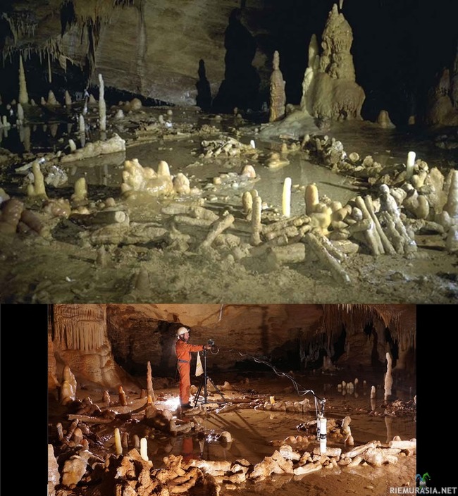 Neandertalien rakentama kivimuodostelma 175 000 vuoden takaa - *175 000* vuoden takaa, eli kauan ennen nykyihmisen saapumista 
&quot;They worked by torchlight, following the same procedure hour after hour: wrench a stalagmite off the cave floor, remove the tip and base, and carefully lay it with the others.

Today we can only guess as to why a group of Neanderthals built a series of large stalagmite structures in a French cave – but the fact they did provides a rare glimpse into our extinct cousin’s potential for social organisation in a challenging environment.

Gone are the days when we thought of Neanderthals as crude and unintelligent.&quot;

Lisää: https://www.newscientist.com/article/2090183-neanderthals-built-mystery-underground-circles-175000-years-ago/