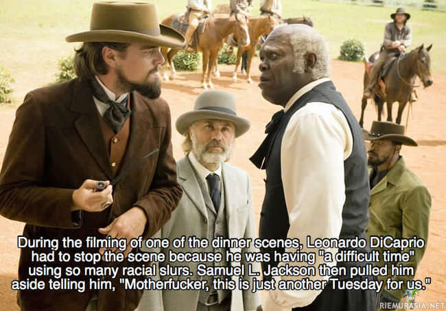 Leonardo Dicaprio Djangon kuvauksissa - Samuel L. Jackson töräyttää totuuden.
