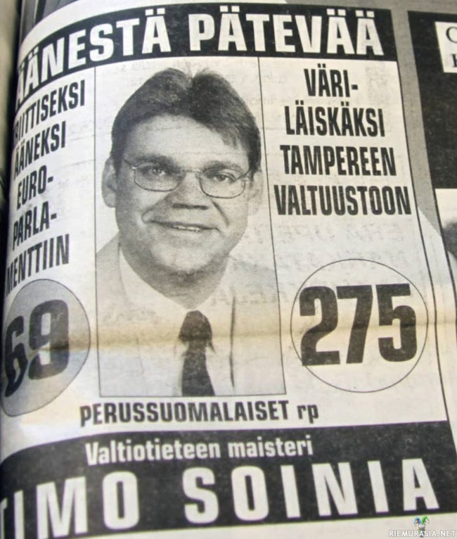Väriläiskäksi Tampereen valtuustoon - Timo Soinin vaalimainos Tamperelainen-lehdessä vuodelta 1996.