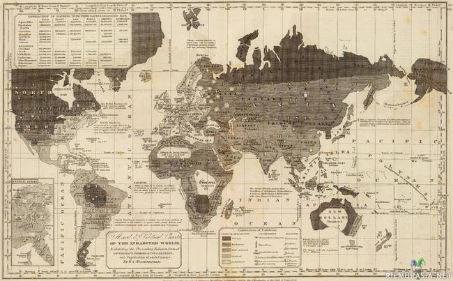 Vuonna 1821 tehty maailmankartta johon merkattu maailman sivistyneisyyden tasot - Ihmeen tarkka kartta jossa on paljon yksityiskohtia