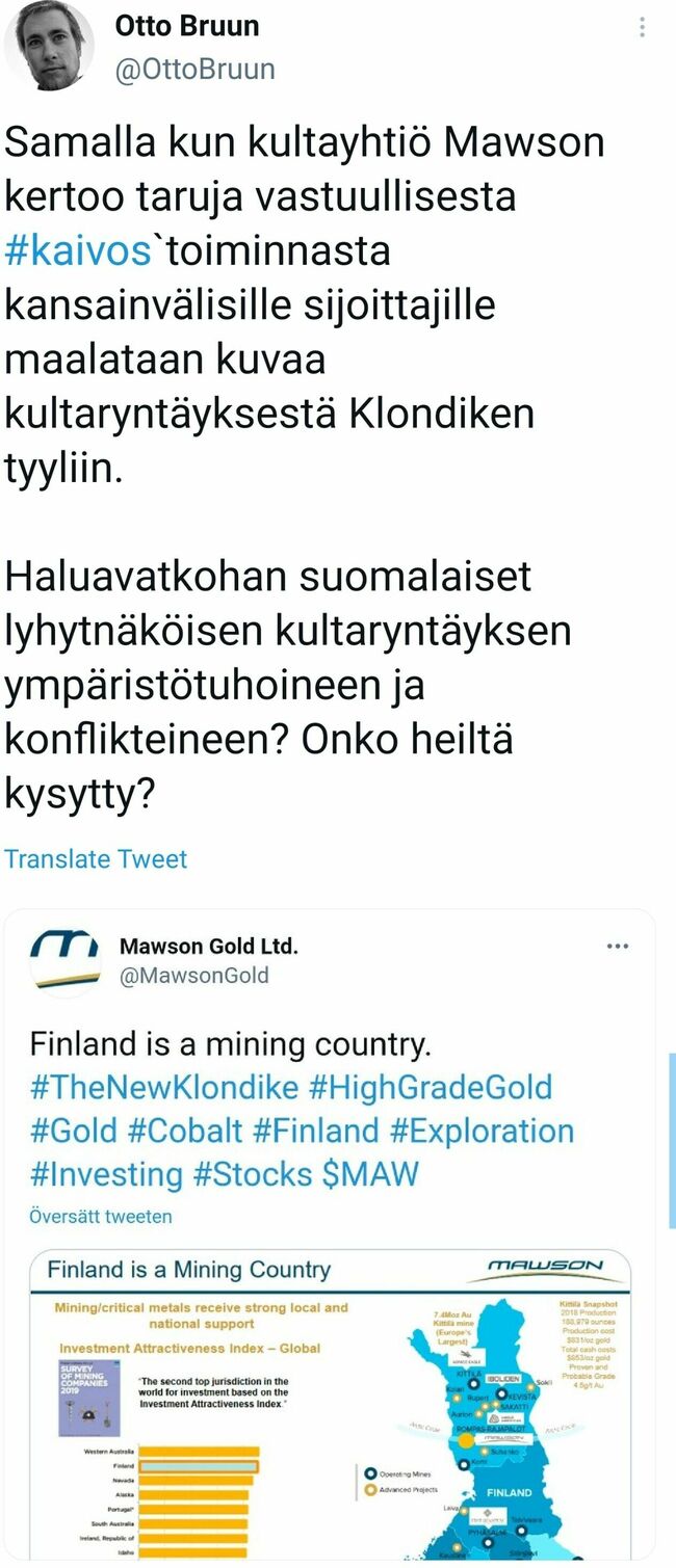 Suomi on uusi Klondike - Ulkomaalaiset kaivosyhtiöt julistaa että Suomesta kannattaa hakea luonnonrikkaudet pois