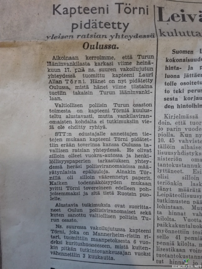 Lauri Törni pidätetty - Talon ullakon purueristeistä löytynyt vuoden 1947 sanomalehti ja uutinen Lauri Törnistä. 