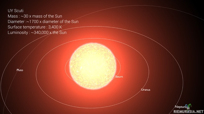 UY Scuti - Kilven tähdistön suunnalla lähes 10 000 valovuoden päässä sijaitseva punainen jättiläinen UY Scuti on nykyään säteeltään suurin tunnettu tähti. Etäisyytensä lisäksi se sijaitsee Linnunradan kirkkaimmassa osassa, Maasta katsottuna lähellä galaksimme keskusta, joten sitä on hyvin vaikea havaita harrastelijavälinein.

UY Scuti on säteeltään n. 1700 (plusmiinus pari sataa) auringon sädettä. Jos se sijaitsisi Auringon paikalla omassa aurinkokunnassamme, se nielaisisi sisälleen Merkuriuksen, Venuksen, Maan, Marsin ja Jupiterin kiertoradat kokonaan. Jos Auringon kuvittelee marmorikuulan kokoiseksi, UY Scuti olisi tällöin n. 10-kerroksisen kerrostalon kokoinen.