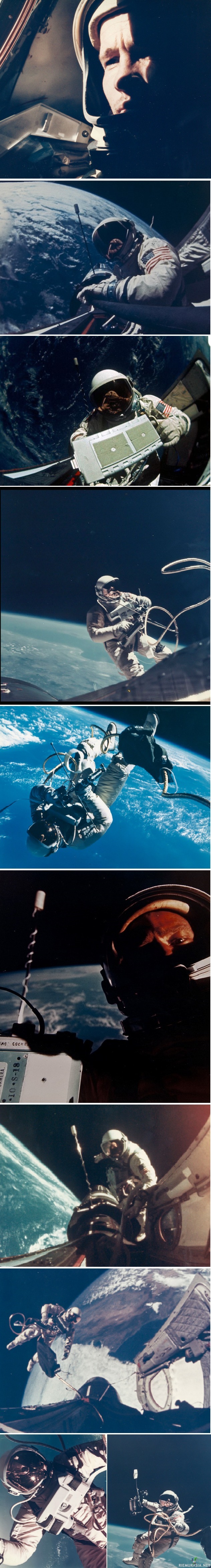 Project Gemini  - Buzz Aldrin ja Ed Whiten ottamia selfie-kuvia ja muita kuvia maankiertoradalta vuosilta 1965-1966.

Gemini (avaruusohjelma):
Vuosina 1963–1966 toimineen avaruusohjelman tarkoituksena oli kehittää edistyneempiä menetelmiä avaruuden tutkimiseksi, joista osa näytteli suurta osaa Apollo-ohjelman onnistumisessa. Gemini-lennoilla harjoiteltiin muun muassa avaruuskävelyä ja avaruusaluksiin telakoitumista.

White suoritti Yhdysvaltain ensimmäisen avaruuskävelyn. White sai surmansa Apollo 1:n harjoituksessa sattuneessa tulipalossa 27. tammikuuta 1967.  vuonna 1969 Buzz Aldrin astui Neil Armstrongin jälkeen toisena ihmisenä kuun pinnalle Apollo 11 -lennolla. Pieni kraatteri lähellä laskeutumispaikkaa on nimetty Aldrinin mukaan.
Aldrinilla on tähti Hollywoodin Walk of Fame -jalkakäytävällä. Hän on nykyään 86 vuotias.