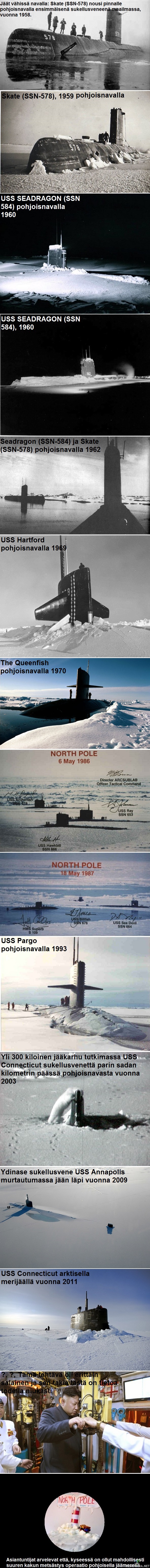 Naparetkeilyä sukellusveneillä vuodesta 1958 asti  nykypäiviin saakka - Yhdysvaltalainen sukellusvene USS Nautilus alitti napajään vuonna 1958 ja samana vuonna toinen sukellusvene USS Skate nousi pintaan pohjoisnavalla.

Pohjoisnapa on maapallon pohjoisin paikka, 90 astetta 0 minuuttia 0 sekuntia pohjoista leveyttä. Pohjoisnapa sijaitsee Pohjoisella jäämerellä keskellä ahto- ja kiintojääaluetta, joka kutistuu ja laajenee vuodenaikojen mukaan ja on yleensä vain muutaman metrin paksuinen. Koska pohjoisnapa sijaitsee merenpinnan tasalla ja merivirrat ja tuulet lämmittävät sitä enemmän kuin etelänapaa, se ei ole yhtä kylmä – kylmimmilläänkin noin −68 celsiusastetta. Tavallisia ovat 50–40 °C pakkaset talvella. Kesällä taas lämpötilat ovat +5 °C ja -5 °C asteen välillä ja keskiarvollisesti lähellä nollaa. Pohjoisnavalla ei aina ole jääpeitettä, koska sinnekkin voi syntyä suuria railoja väliaikaisesti ja ne eivät jäädy kesällä, vaan liikkuvat jäät sulkevat useasti ne. Pohjoisnavalla jää ei ole kauhean paksua noin 1-3m, koska merivirrat kuljettavat jäitä kohti etelää missä ne lopulta sulavat, mutta Beaufortinmeren pyörre-virtaus suojelee vanhaa merijäätä missä se voi olla jopa yli 10 vuotta vanhaa. Suurelta nykyään jää on vain 1-3 vuotista.