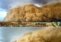 Jättiläismäinen hiekkamyrsky saapumassa kylään