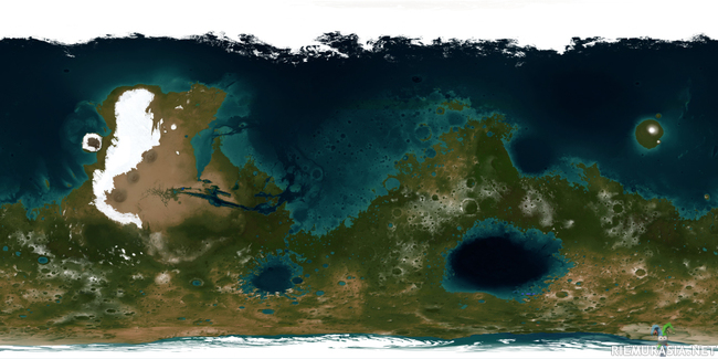 Mars - Kuva siitä miltä koko Mars-planeetan kartta näyttäisi, jos siellä olisi saman verran suhteessa vettä kuin Maassa.