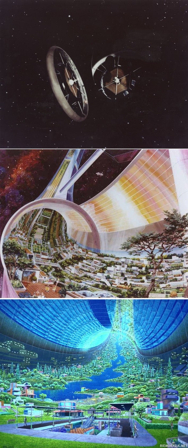 Tulevaisuuden halo-planeetta  - Taitelija Donald Davisin teos 70-luvulta, keionotekoinen planeetta jossa on rikkailla ylelliset oltavat avaruudessa. Planeetan suuret peilit heijastavat auringon säteilyn ja pitävät lämpötilan sopivana asumiseen.
Planeetta myös pyörii itsensä ympäri kuin rengas autossa.