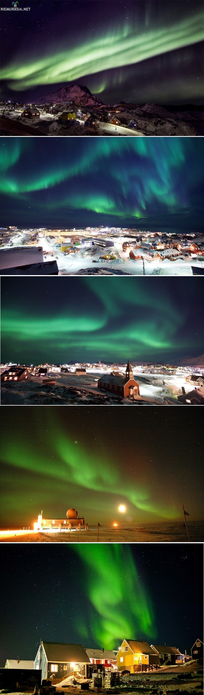 Revontulia Grönlannista - Kauniita revontulia Grönlannin taivaalla, kuvat on otettu talviaikaan Nuuk pääkaupungista ( ylimmät kolme), toiseksi alin kuva on Summit campista keskeltä jäätikköä ja alin kuva Qasigiannguit-pikku kylästä.