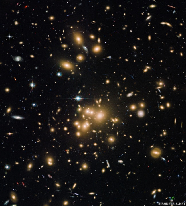 Gravitaatiolinssi - Galaksijoukko Abell keskusta toimii valtavan suurennuslasin tavoin.
Gravitaatiolinssi vahvistaa miljardien valovuosien päässä olevien galaksien valoa. Kohteen etäisyys 2,2 miljardia valovuotta. Tutkijat arvelevat, että jotkin kuvassa näkyvistä kohteista voivat olla 13 miljardin valovuoden päässä.

Avaruudessa on luonnollisia suurennuslaseja. Ilimiöitä nimetään gravitaatiolinsseiksi. Se syntyy kun, taivaankappale - esimerkiksi suuri galaksi tai galaksijoukko  - taittaa ja vahvistaa sen takana olevaa kohteen valoa.   

Mutta miten gravitaatiolinssi toimii? Avaruus vaikuttaa valon reittiin. Suurin osa avaruudesta on näkymätöntä pimeää ainetta, jolla on vetovoimaa. Pimeän aineen vetovoima pitää galaksijoukot koossa. Einsteinin suhteellisuusteorian mukaan vetovoima muotoilee avaruutta ja vaikuttaa valonkulkuun. Kun valo ohittaa galaksjoukosta muodustuneen gravitaatiolinssin, se taittuu. Einstein ennusti vetovoiman vaikuttavan valoon, mutta hän ei uskonut että ilmiötä pystyttäisiin mittamaan maasta käsin. 

Gravitaatiolinssin käyttö suurennuslasina auttaa näkemään yhä syvemmälle universumiin. Näemme sitä kauemmas ajassa taakse päin, mitä kauemmaksi avaruuteen katsomme.