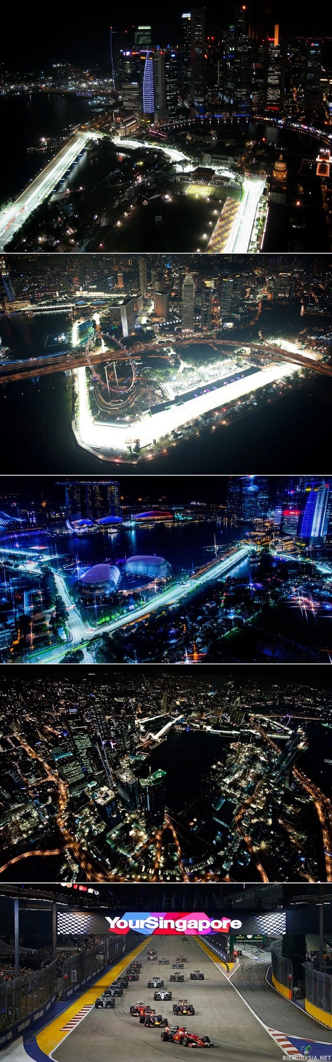 Marina Bay, kaahailua Singaporen yössä, kauniissa maisemissa sitä ajetaan formula1 osakilpailuja - Valokuvia Marina Bayn rata-alueelta Singaporesta.

Singapore on yksi maailman tiheimmin asuttuja kaupunkeja maailmassa. sen pääsaarella asuu yli viisi miljoonaa ihmistä.

Rata on pituudeltaan 5,065 kilometriä ja sen on suunnitellut saksalainen arkkitehti Hermann Tilke. Vuodesta 2008 alkaen radalla on ajettu Singaporen Grand Prix.

Marina Bay Street Circuitilla vuonna 2008 ajettu Singaporen Grand Prix oli historian ensimmäinen F1 -iltakilpailu. Iltakilpailu oli ollut jo jonkin aikaa Formula 1 -sarjan kaupalliset oikeudet omistavan Bernie Ecclestonen unelmana. Myös Singaporen GP:n aika-ajo ajetaan pimeällä keinovalaistuksessa Katsomoihin mahtuu yli 80 000 ihmistä seuraamaan kilpailua. 