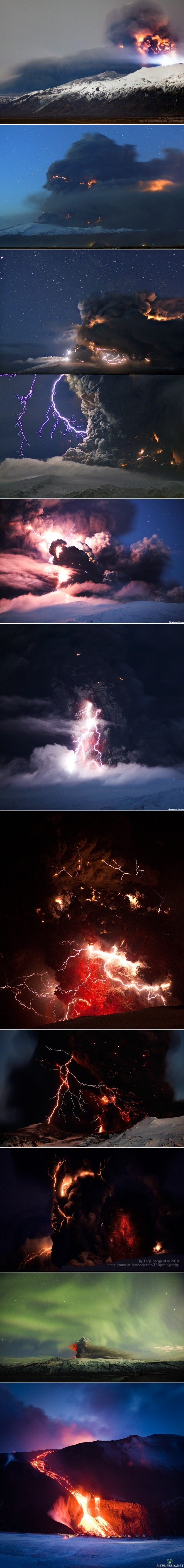 Salamoita, sulaa kiveä, tuhkaa ja revontulia jäätiköllä - Eyjafjallajökull on jäätikkö Islannin eteläosassa. Sen alla on jäätikön mukaan nimetty Eyjafjallajökull-niminen tulivuori, joka on purkautunut vuosina 920, 1612 ja 1821–1823. Se alkoi purkautua uudelleen maaliskuussa 2010. 

Korkeus: 1 666 m. Pinta-ala: 100 km². Viimeisin purkaus: huhtikuu 2010. Prominenssi: 1 051 m. Ensimmäinen nousu huipulle: Sveinn Pálsson.

Purkaus vuonna 2010: alue oli ollut seismisesti yhtäjaksoisesti aktiivinen tammikuusta 2010 lähtien. Samalla odotettiin myös viereisen Katlan purkautuvan. Tulivuorilla on taipumus aktivoitua samoihin aikoihin. Huhtikuussa 2010 alkoi purkauksen voimakkaampi vaihe, jossa tulivuori syöksi tuhkaa noin 8,5 kilometrin korkeuteen useiden päivien ajan. Ilmakehään levinneen tuhkapilven vuoksi Suomen ja useimpien muiden Euroopan maiden ilmatila suljettiin kokonaan tai osittain. Useita satoja Eyjafjallajökullin lähialueiden asukkaita evakuoitiin jäätikön sulamisen aiheuttaman jökulhlaupin alta. 

Tuhkapilvi aiheutti uhkan lentoturvallisuudelle, sillä tuhka saattaa pysäyttää tai jopa tuhota lentokoneiden moottorit. Lisäksi se haittaa näkyvyyttä ja voi olla terveysriski hengitysilmaan joutuessaan. Tämän vuoksi ilmatila ja lentokentät suljettiin kokonaan tai osittain useaksi päiväksi lähes kaikissa Euroopan maissa. 