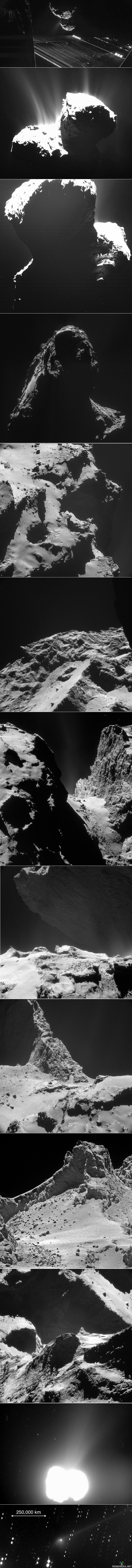 Tšurjumov–Gerasimenko - Ylin kuva on Rosetan ottama selfie ja taustalla näkyy Tšurjumov–Gerasimenko-komeetta. 67P/Tšurjumov–Gerasimenko on jaksollinen komeetta, jonka löysi neuvostoliittolainen Klim Ivanovitš Tšurjumov vuonna 1969. Sen kiertoaika Auringon ympäri on 6,45 vuotta. 

Rosetta: Euroopan avaruusjärjestön 2. maaliskuuta 2004 laukaisema 67P/Tšurjumov–Gerasimenkoa tutkimaan lähetetty Rosetta-luotain saavutti komeetan 6. elokuuta vuonna 2014 matkattuaan avaruudessa noin vuosikymmenen ja lennettyään matkallaan kolme kertaa Maan ja kerran Marsin ja asteroidien Šteins ja Lutetia ohi. Itse luotaimen kiertäessä komeetan jäistä ydintä, Philae-laskeutuja tutkii komeettaa sen pinnalta käsin. Kyseessä on tähän mennessä tarkin koskaan tehty tutkimus komeetasta. Luotain on nimetty egyptiläisen Rosettan kiven, jonka avulla ratkaistiin hieroglyfikirjoitus. 

Laskeutuminen komeetalle: laskeuduttuaan Philae pomppasi komeetan pinnalla ensin noin yhden kilometrin matkan yhden tunnin ja 50 minuutin aikana, sitten se pompahti vielä noin seitsemän minuutin ajaksi ylös komeetan pinnasta kunnes laskeutui lopullisesti. Tämä pomppiminen johtui siitä, että laskeutujan komeetan pintaan kiinnittävät harppuunat eivät toimineet. Philaen ensimmäinen kosketus komeetan kamaraan tapahtui suunnitellulla laskeutumisalueella, mutta se päätyi varjoisammalle alueelle. Tästä huolimatta laskeutuja sai suoritettua suurimman osan mittauksistaan, ja vielä lähettämään kaikki mittaustuloksensa Maahan ennen kuin sen energia loppui. Se kuitenkin voidaan ehkä käynnistää vielä uudelleen komeetan saapuessa lähemmäksi Aurinkoa. 
