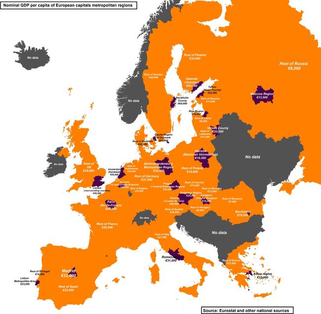 Eurooppalaisten pääkaupunkien metropoli alueiden BKT per asukas  - (verrattuna muu maa)

ps. paremmalla resoluutiolla