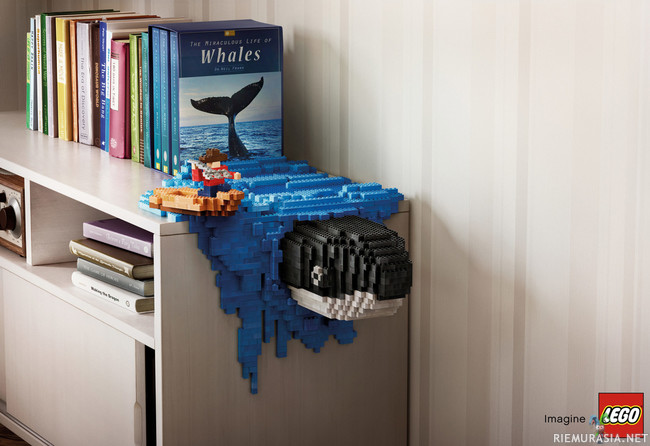 Valaanpyyntiä - Legoista tehty kirjateline.