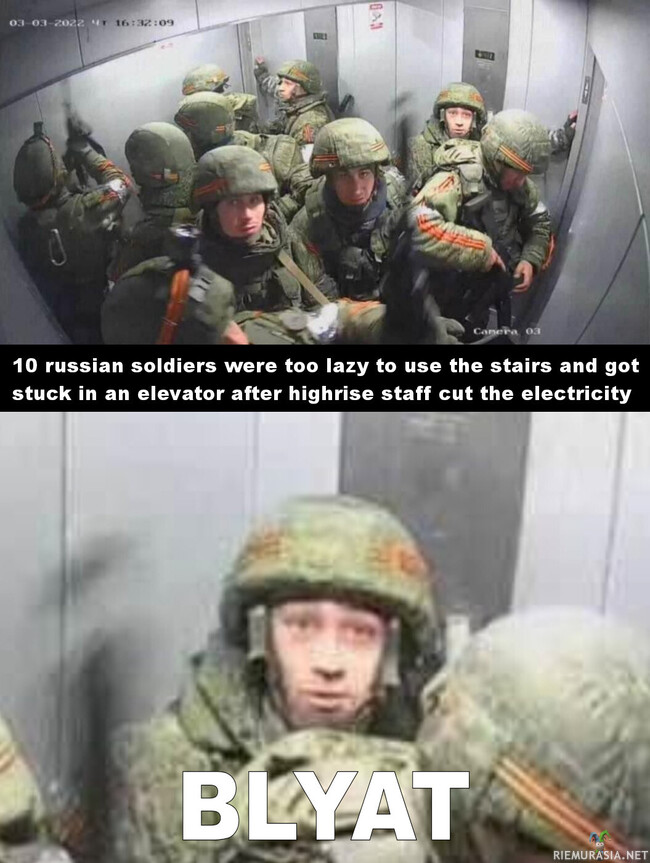 Mitä 10 venäläissotilasta tekee hississä? - Venäläissotilaille ei tullut mieleen että hissiä ei kannata käyttää jos sotatilanteessa vieraalla maalla pitää siirtyä kerroksesta toiseen.