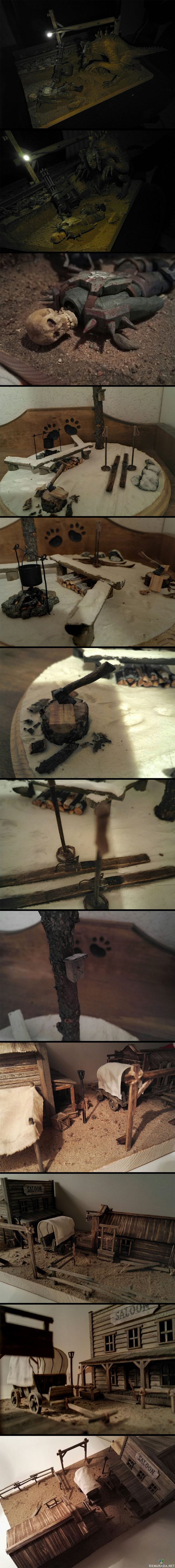 Omakehuviikon dioramat - Kolme joululahjaksi tekemääni dioramaa. Fallout 4 teemainen, 40x35cm. Talvimaisema 25cm. Villilänsi n. 40x20cm. Kaikki osat itsetehtyjä, laudan pätkistä, liimalevyistä, ynnä muista satunnaisista puunpalasista.