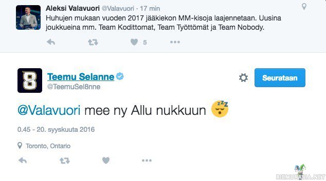Aleksi Valavuori ja jääkiekon MM2017 huhut - Selänne servaa Twitterissä