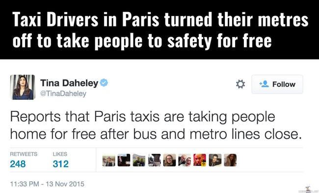 Pariisin taksikuskit - Kun bussilinjat sekä metrot menivät kiinni hätätilan takia niin pariisin taksikuskit alkoivat kuljettaa ihmisiä koteihinsa ilmaiseksi